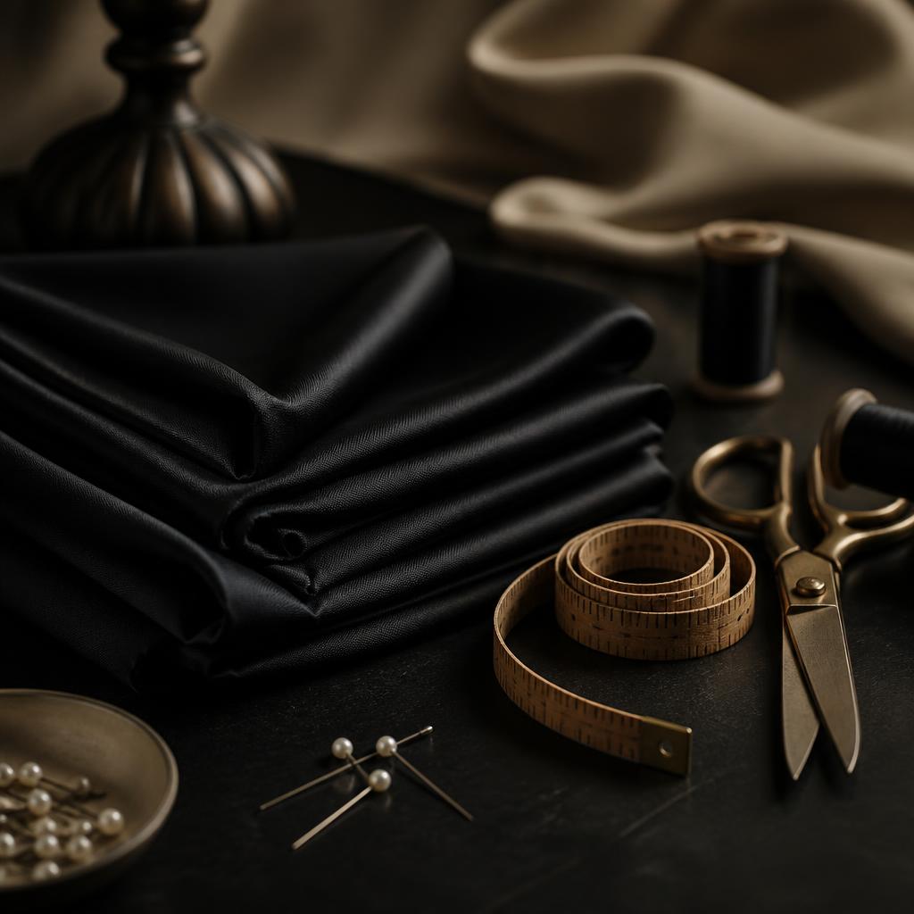 Hands stitching black abaya fabric inside the Ban Atelier atelier
